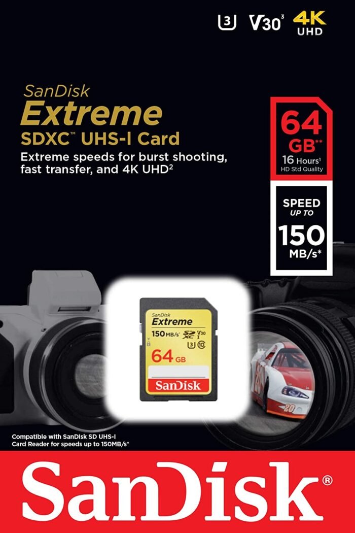 Cartão SD SanDisk 64GB Extreme SDXC UHS-I - C10, U3, V30, 4K UHD - SDSDXV6-064G-GNCIN - Imagem 3