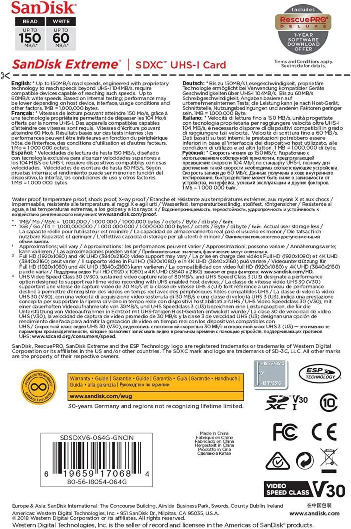 Cartão SD SanDisk 64GB Extreme SDXC UHS-I - C10, U3, V30, 4K UHD - SDSDXV6-064G-GNCIN - Imagem 4